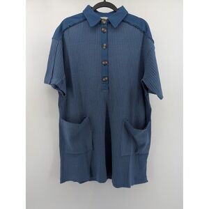 Zenana Waffle Knit Top Women Med Dusty Blue Excellent Short Sleeve Henley Pocket